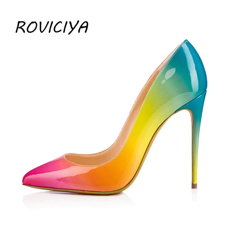 Women high heels pointed toe sexy stiletto heels pink blue rainbow mixed color 12 cm pumps shoes plus size QP030 ROVICIYA