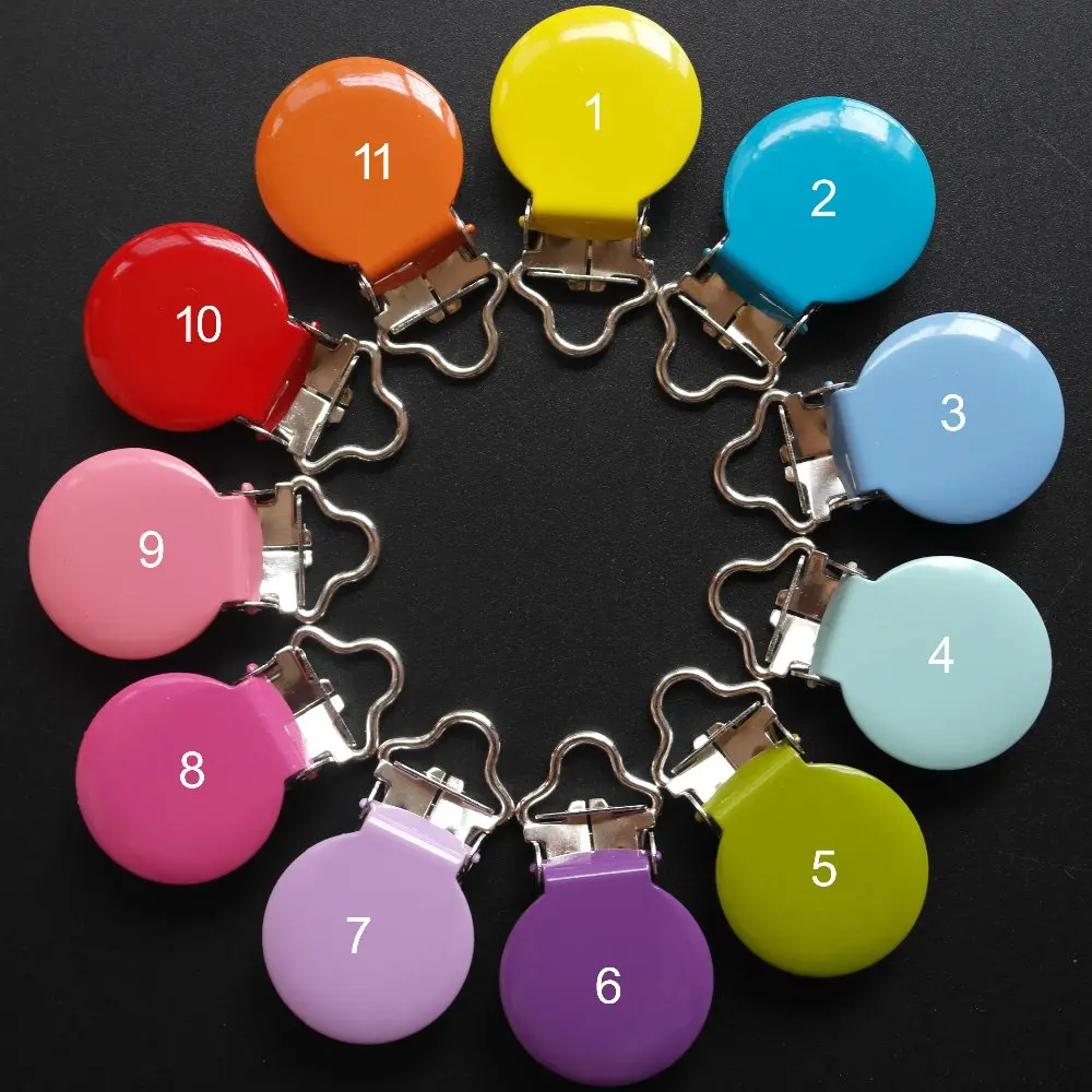 Mix 11 Colors 22 pcs/lot Round Top Enamel Metal Suspender Clip / Pacifier Clips Dummy Soother Pacifier Chain Holder