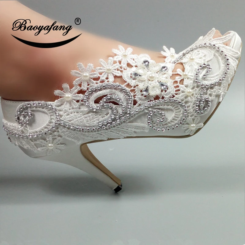 BaoYaFang  White Peep Toe Women Party Dress shoe woman Fish Toe fashion Bridal Wedding shoes female New Summer party shoes