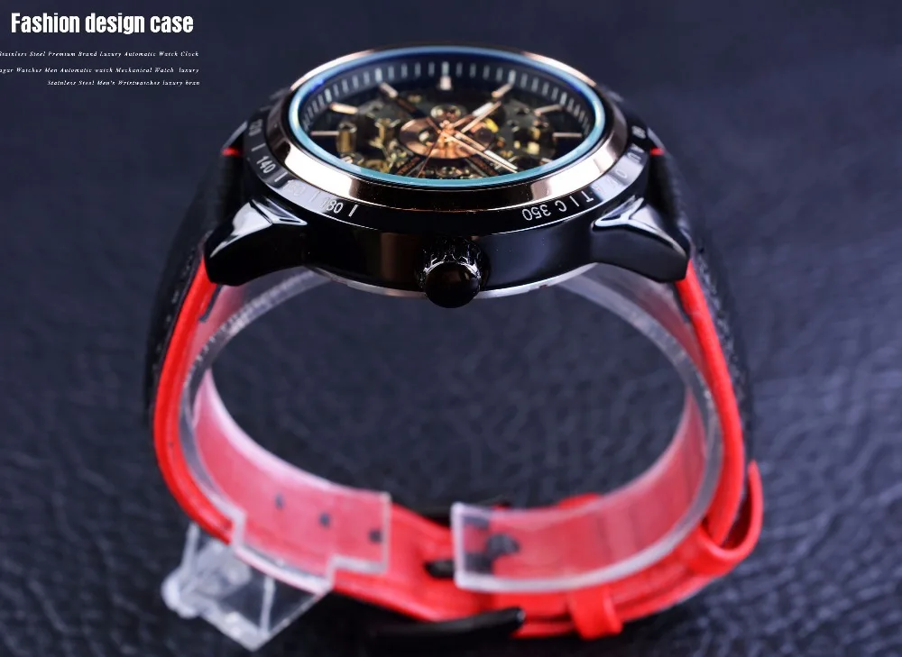 Forsining Watch + Bracelet Set Combination Motorcycle Transparent Genuine Red Black Strap Skeleton Male Automatic Watches Clock