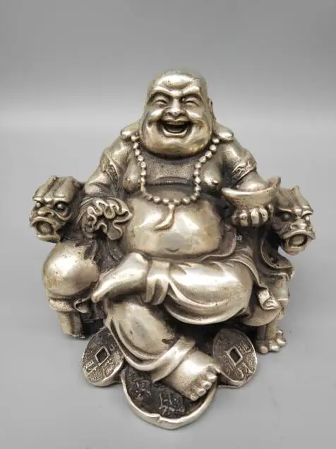 

Chinese white copper maitreya Buddha seated dragon chair crafts statue