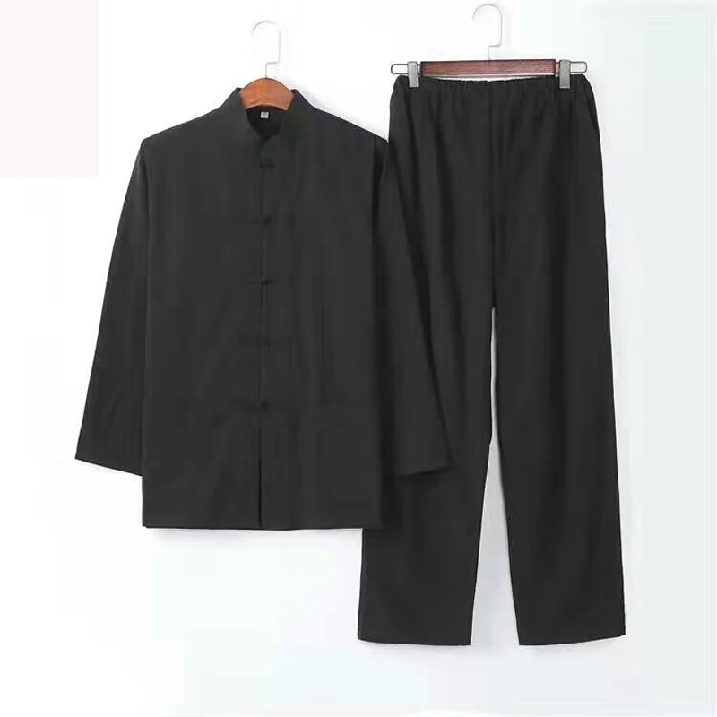 2PC männer Solide Kung Fu Anzug Chinesischen Traditionellen Männlichen 100% Baumwolle Lose Wu Shu Tai Chi Sets Jacke + lange Hosen
