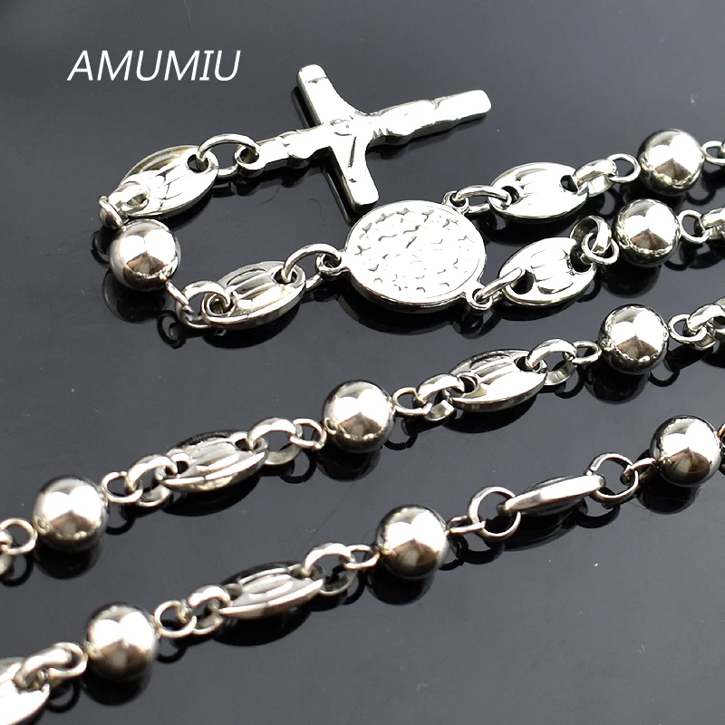 AMUMIU 316L Stainless Steel Mens Beads Fashion Rosary Necklace+Cross Pendant Jesus HN090