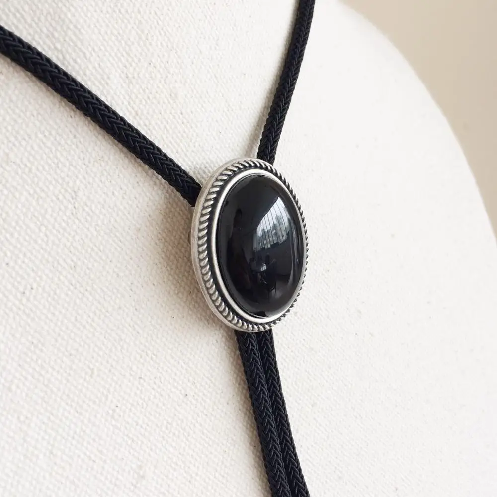 New Nature Black Obsidian Stone Oval Wedding Bolo Tie Necklace BOLOTIE-069