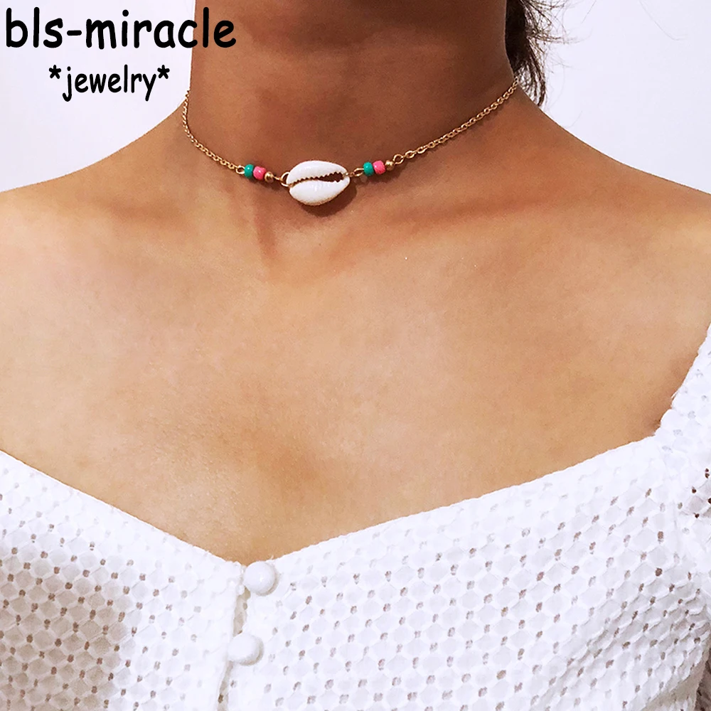 Bls-miracle Perles Colorées Tressées JOShell Tour De Cou Boho Cauris Conque Collier De Plage Pour Femmes Océan Plage Shell Bijoux NX-57