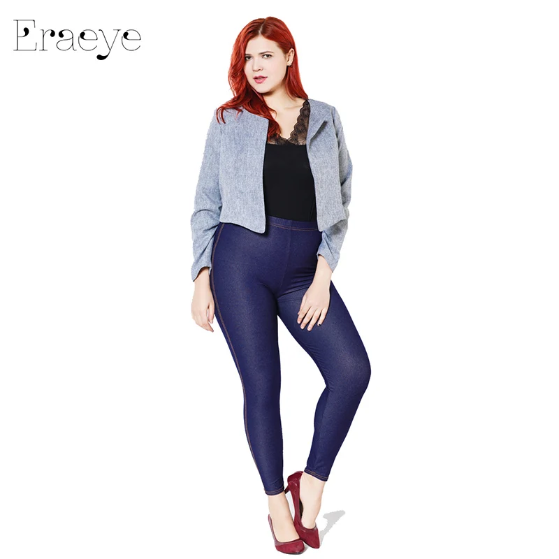 ERAEYE – faux jean pour femme, pantalon, grande taille 5xl, haute élasticité, slim, noir, bleu, Denim, Sexy, crayon, taille moyenne