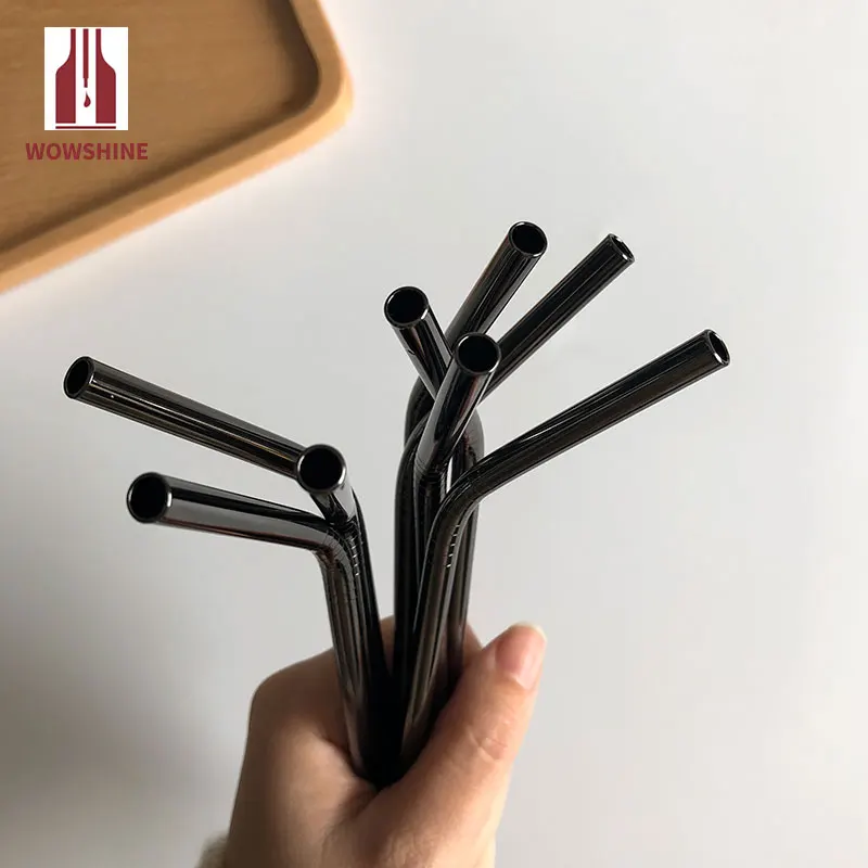 WOWSHINE New Gun Black Stainless Steel 304 Drinking Straws Bent 6mm*215mm 100PCS