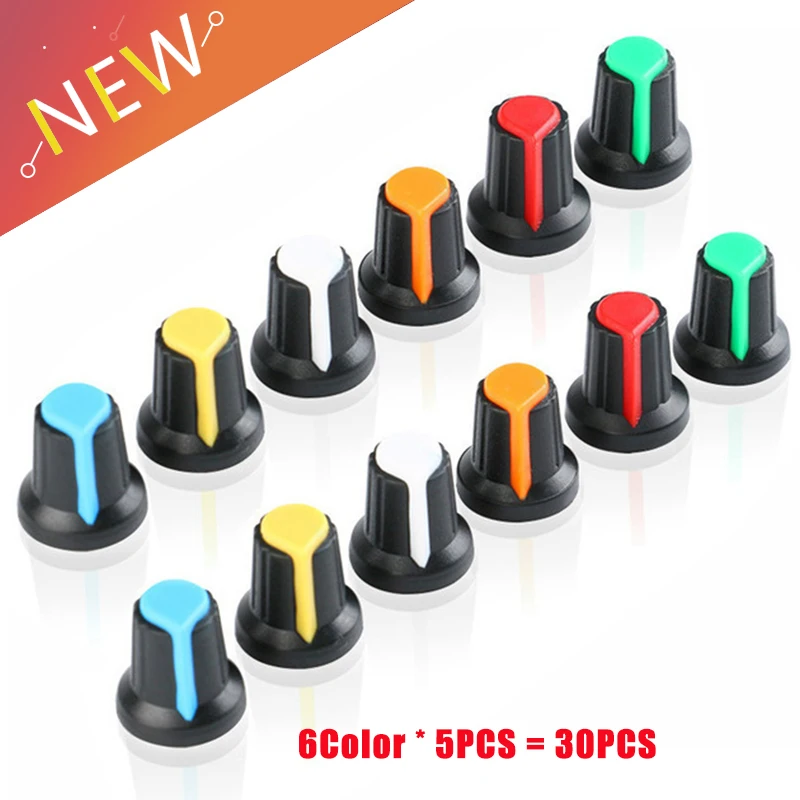 30PCS/lot WH148 potentiometer knob cap Dia 6MM Shaft Hole AG2 Yellow Orange Blue White Red Green 6value*5PCS=30PCS