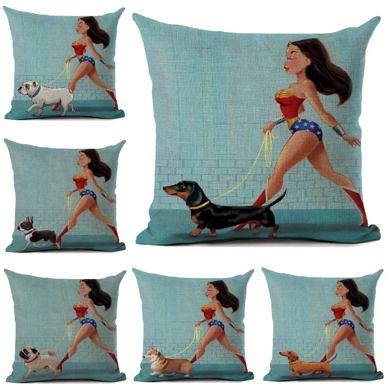 Funny Cushion Cover Woman Walk The Dog Printed Throw Pillows Car Sofa Living Room Home Decoration Pillow Case