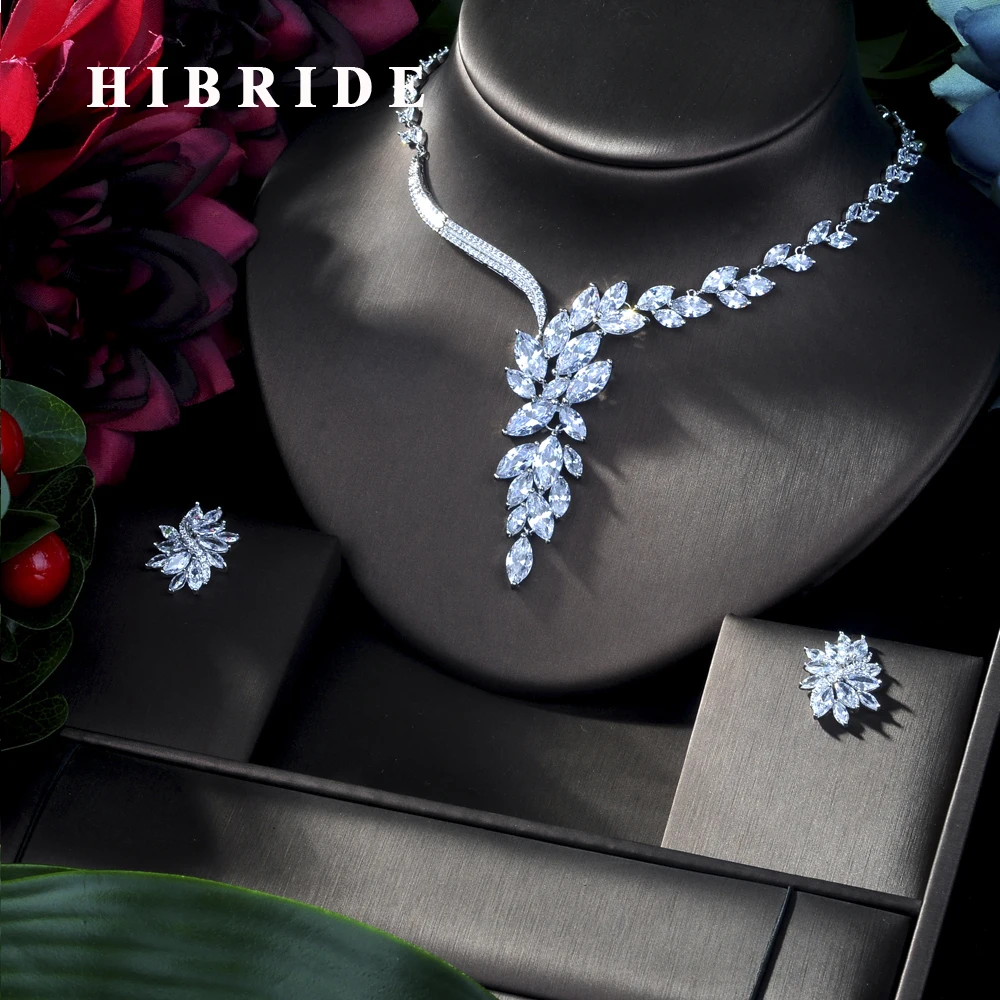 

HIBRIDE Clear BEST QUALITY BRILLIANT CRYSTAL ZIRCON EARRINGS AND NECKLACE BRIDAL JEWELRY SET WEDDING DRESS ACCESSARIES N-165