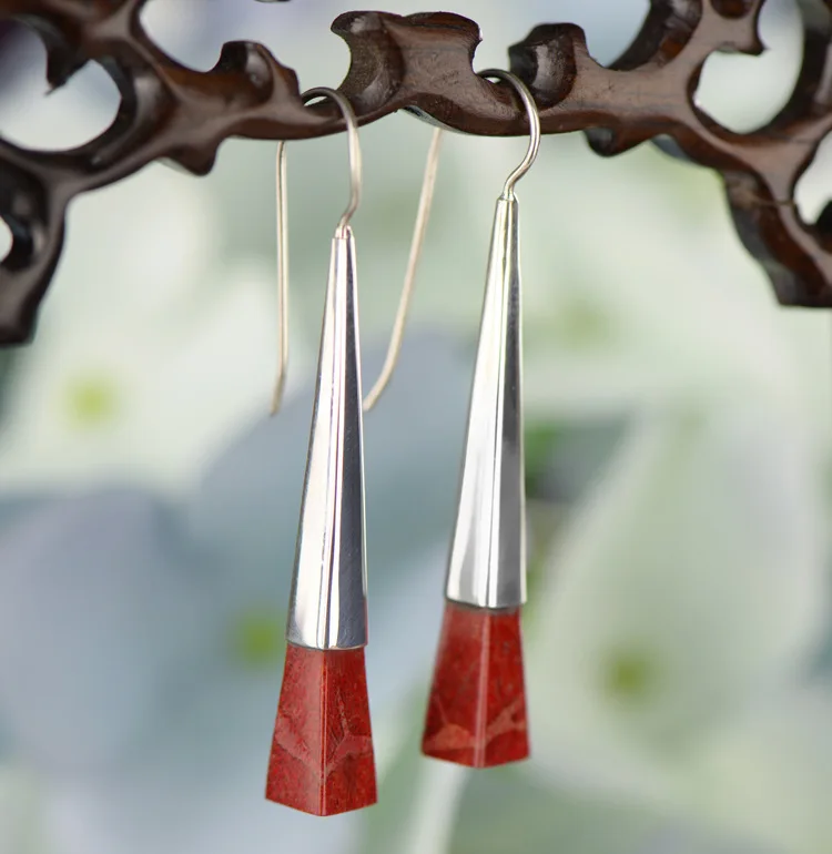 

S925 sterling silver jewelry dyed grass coral long minimalist urban fashion earrings