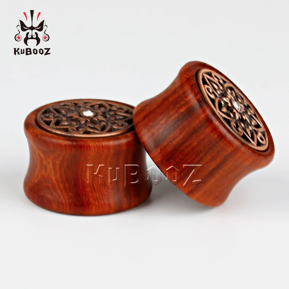 Kubooz piercing wood ear plugs tunnels piercing body jewelry with metal crystal design sell by pair ear gauges