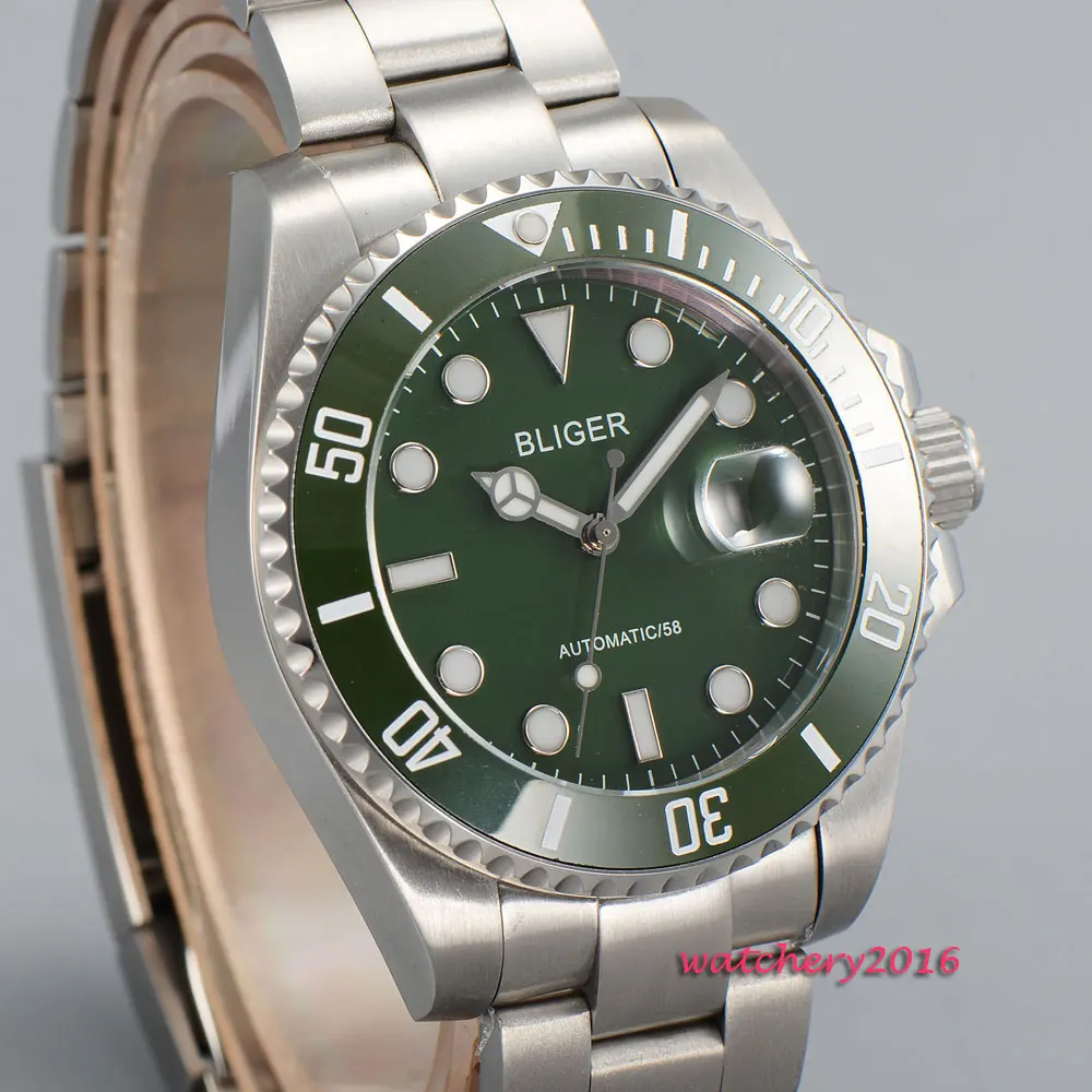 Casual 43mm Bliger Sapphire glass green dial date window Fashion luminous marks Automatic movement Men's Mechanical Wristwatches