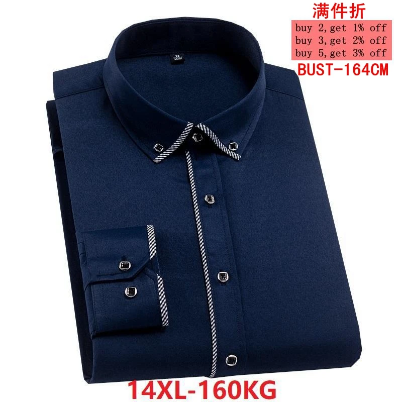 

8XL 9XL Men's Long Sleeve Lapel Stripe Single Breasted 11XL 12XL 13XL 14XL to 160kg Business Casual Blue Formal Shirt