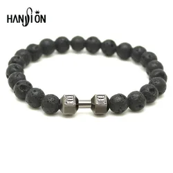 2016 Mens Bracelet Natural Stones Live Lift Dumbbell Bracelet Lava Onyx beads Fitness Rockmen Bracelet 4 Color