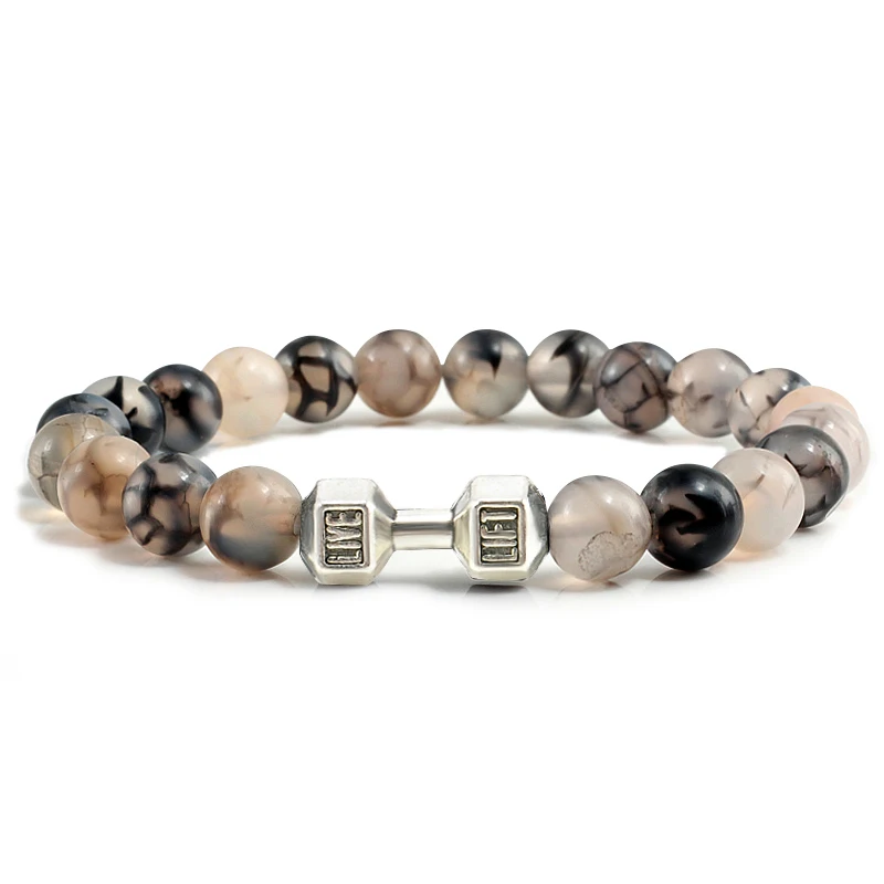 Natürliche Vulkanstein Armband Männer Matte Schwarz Lave Weiße Perlen Charme Hantel Strang Armbänder Frauen Barbell Fitness Schmuck