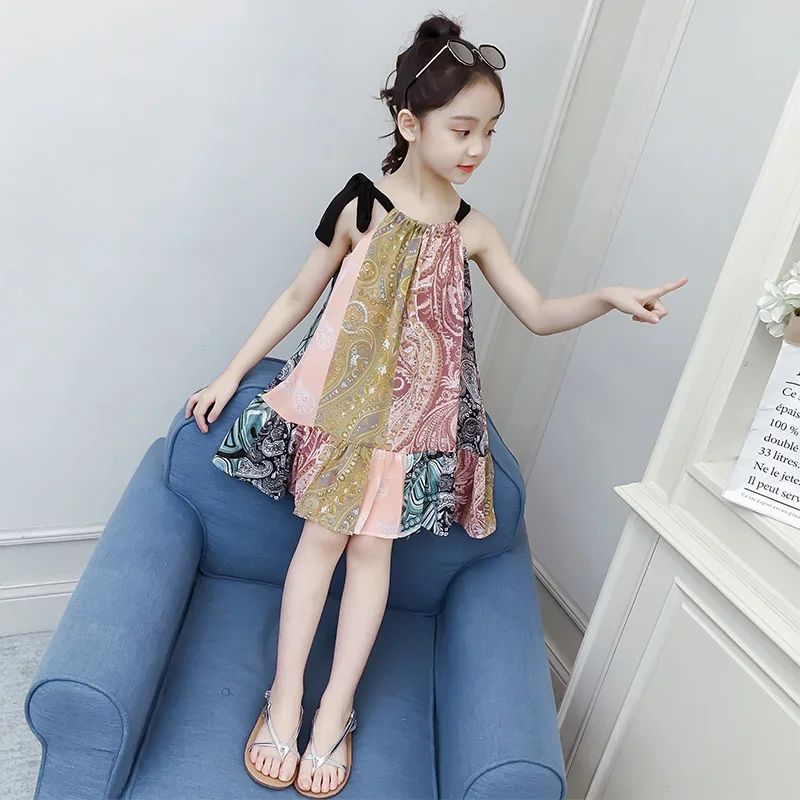 Bohemia Style Girls Summer Multicolored Slip Dress 2023 New Kids Chiffon Princess Dresses Children's Thin One Piece Clothes X456