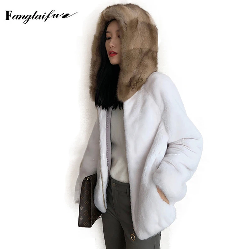 

Fang Tai Fur Import Swan Velvet Mink Fur Coats Full Sleeve With Fur Hood Mink Coats Short Striped Loss Woman Mink Fur Coats