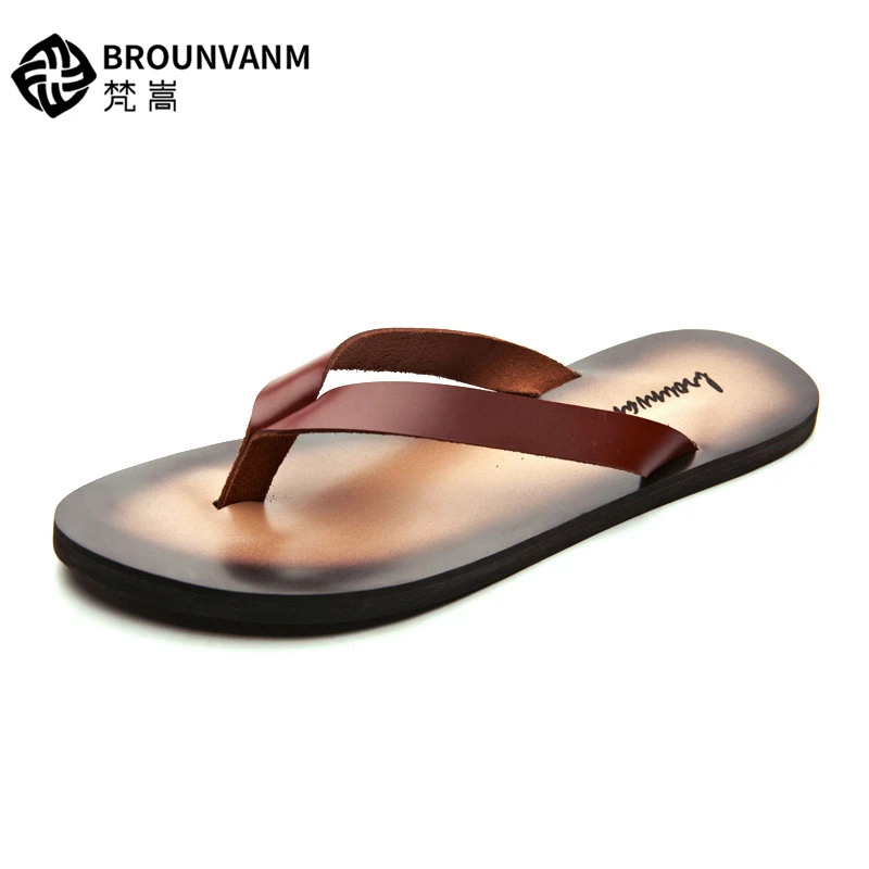 US 6-10 New Man REAL Leather Casual Flip-Flops Leisure Men\'s T-Strap Flats Summer Slippers Beach Shoes