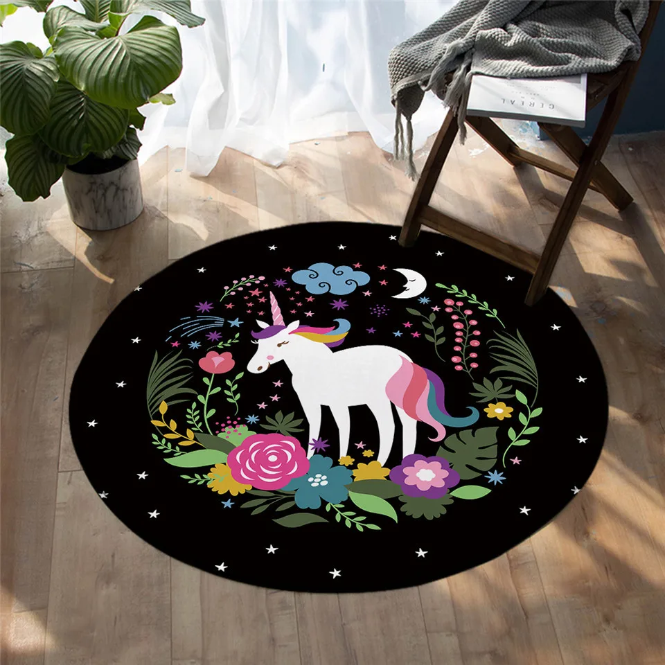 BeddingOutlet Rainbow Unicorn Bedroom Carpets Cartoon Round Area Rug for Living Room Floral Girly Floor Rug Play Mat 150cm