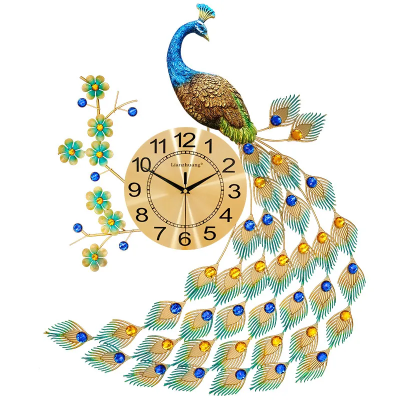 

Luxury Villas Peacock Wall Clock Home Decor Living Room/Bedroom Mute Wall Watch Modern Design Digital Clock Wall Metal Clocks