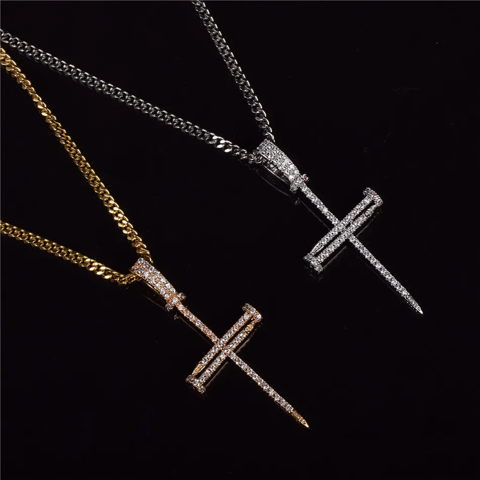 Bubble Letter Nail Cross Pendant Gold Color Copper Material Iced Rock Street Necklace Chain Fashion Hip Hop Jewelry