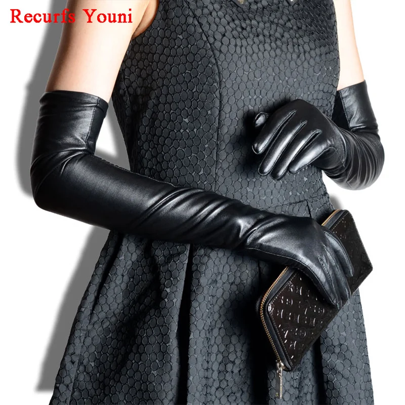 2024 Winter Women Genuine Leather 60cm/70cm Super Long Evening Gloves Female Customized Large Size Lengthen Black/Red Luvas