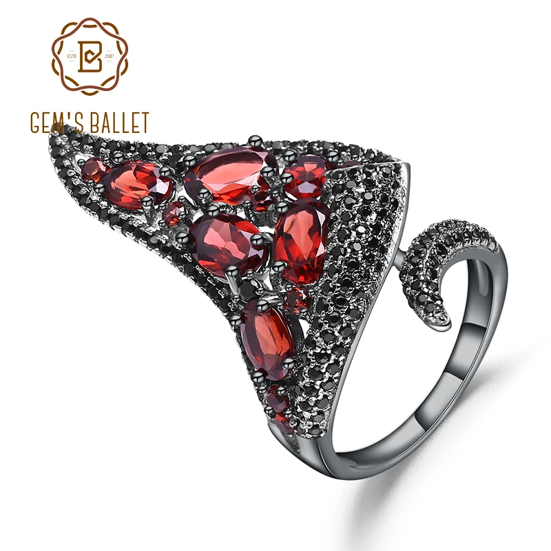 

GEM'S BALLET Natural Red Garnet Gemstone Open Finger Irregular Triangle Ring 925 Sterling Sliver Vintage Punk Ring For Women