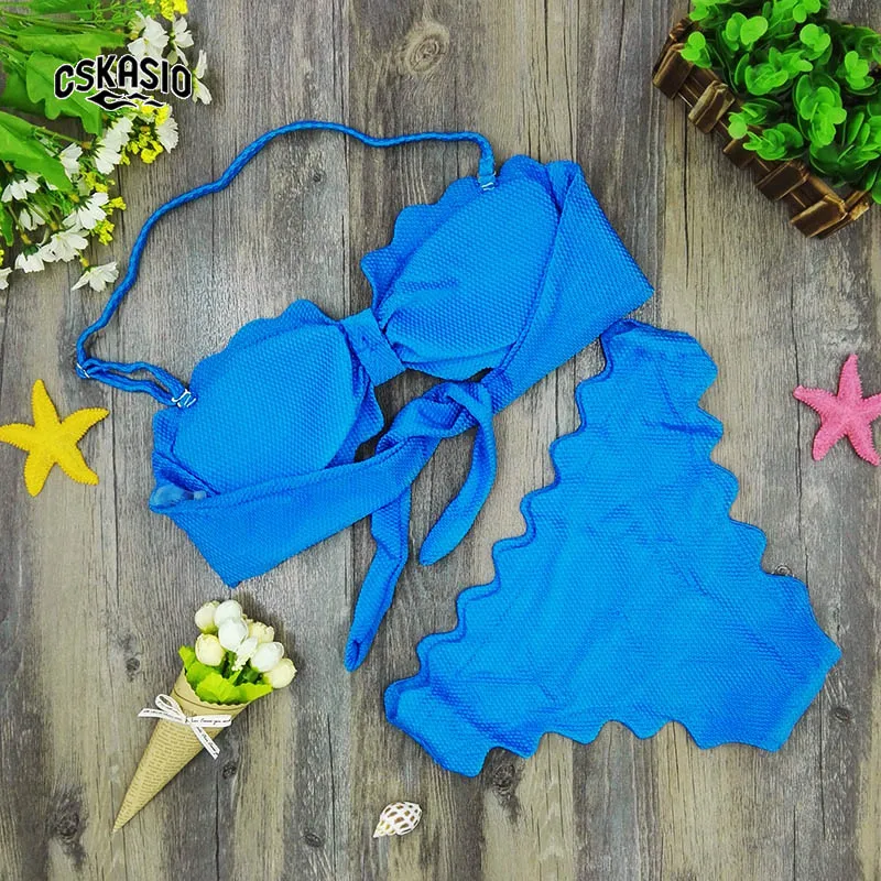 2017 Cute Scalloped Swimwear Women Swimsuit Sexy Bandeau Bikini Set Blue Biquini Padded Bathing Suits maillot de bain femme S-L