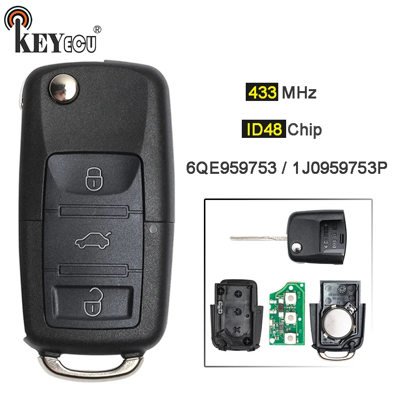 KEYECU  433MHz ID48 Chip 6QE 959 753/ 1J0 959 753 P 3 Button Remote Key Fob for Volkswagen Fox Gol Sharan Beetle Je*tta