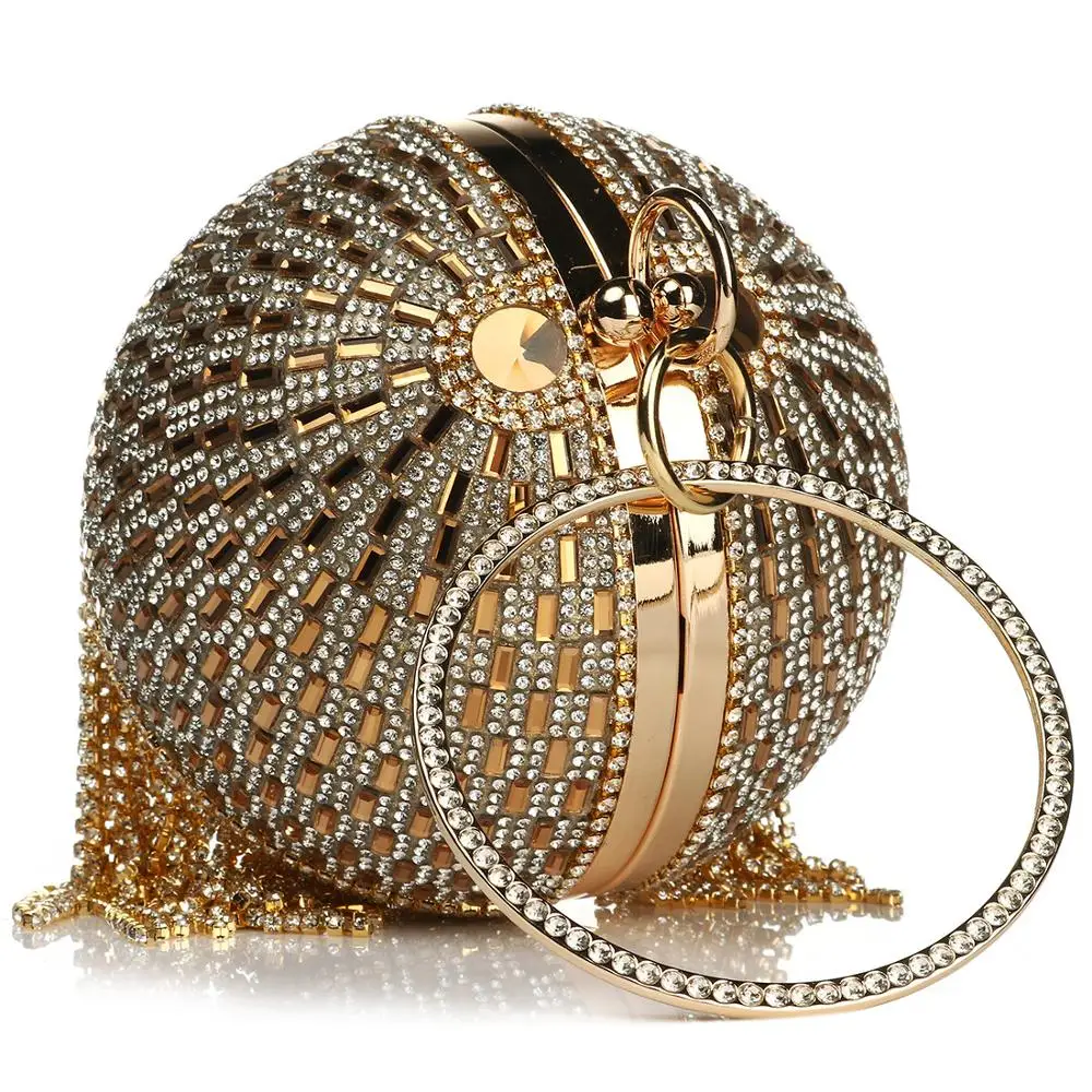 Golden Diamond Tassel Women Round Ball Metal Crystal Clutches Evening Bag Wedding Bridal Shoulder Messenger Handbag Luxury Purse