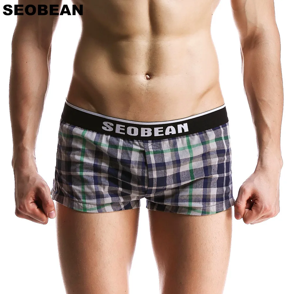 Seobean High Quality Plaid Loose Boxer Shorts Mens Underwear Cotton Underpants Boxers Penis Bag Home Sleep Wear Shorts for Man