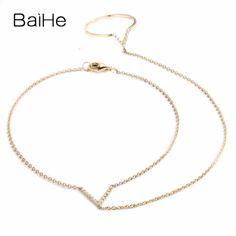 

BAIHE Real Solid 18K Yellow Gold 0.13ct H/SI Natural Diamond V Ring V Bracelet Women Trendy Fine Jewelry Making Pulsera Anillo