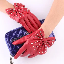 Fashion Female Full Finger Punk Rivet Dance Gloves Women Sport Fitness PU Leather Bow Mittens Luvas Gloves Guantes S85