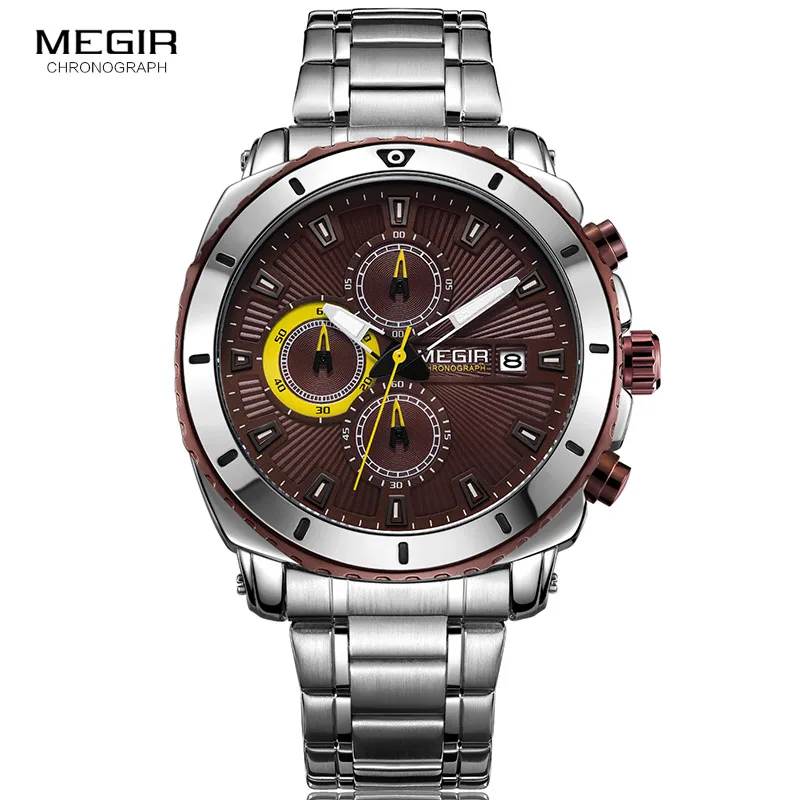 MEGIR Men\'s Formal Dress Quartz Watches Stainless Steel Strap Chronograph Wristwatch for Man Blue Dial Luminous Hands 2075G-10