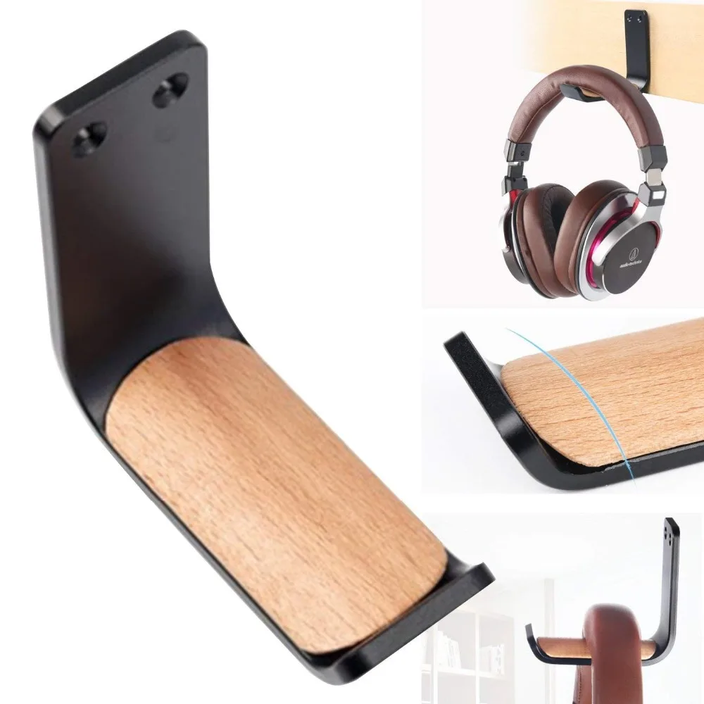 

Headset Holder, Stick Wooden Pad Aluminum Overhead Under Desk Desktop Stand Mount Holder Rack Clamp Stick-on Adhesive