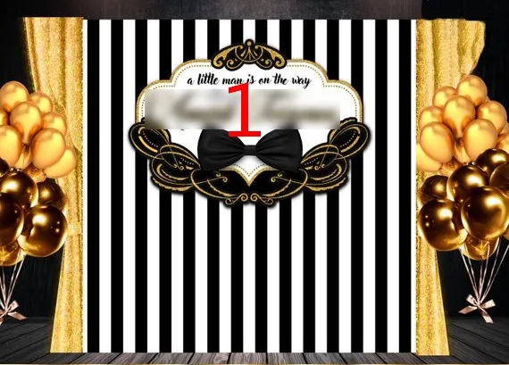 custom Black White And Gold Tie Bow Tie Striped Frame Baby Shower backgrounds   Computer print party backdrops