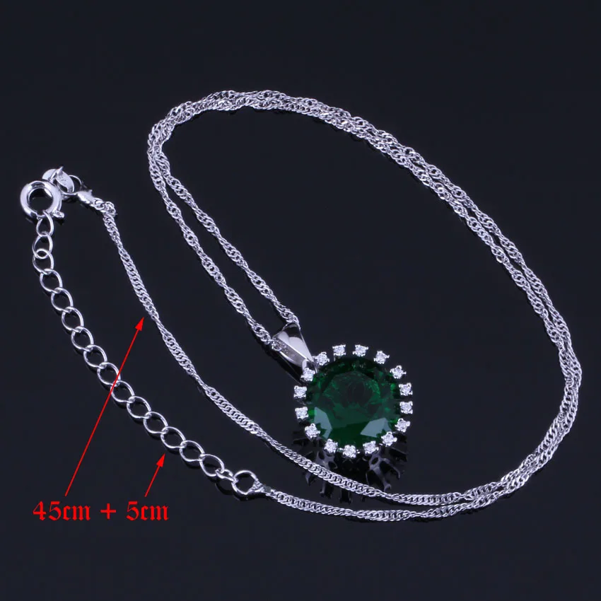 Unique Round Green Cubic Zirconia White CZ Silver Plated Jewelry Sets Earrings Pendant Chain Ring V0278