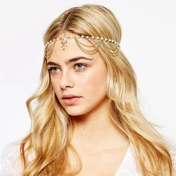 Fashion Indian Boho Tassels Forehead Head Chain Pearl And Crystal Headpiece For Women Wedding Hair Jewelry