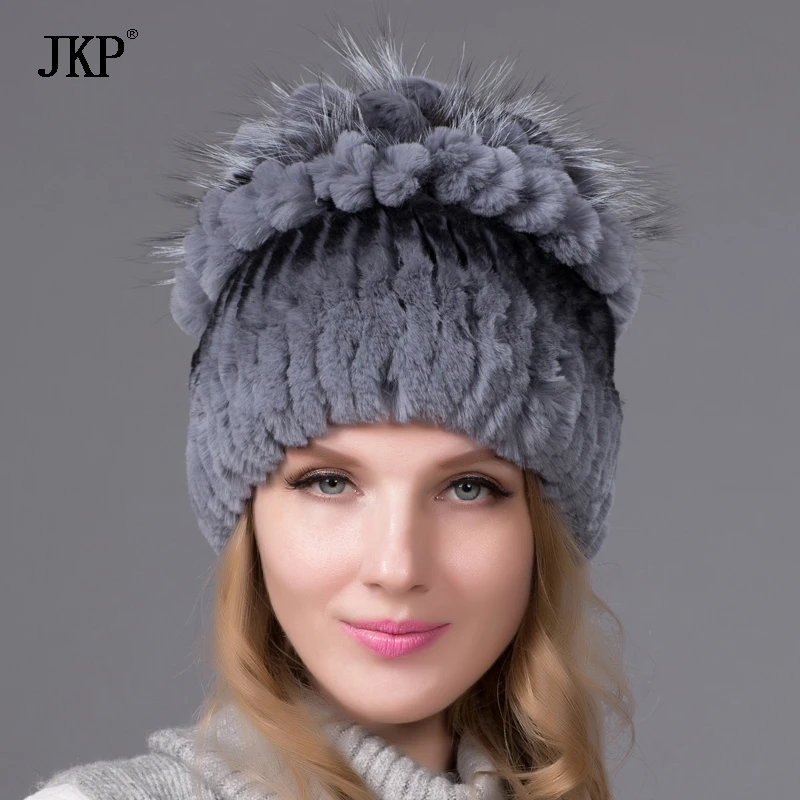 Fashion Women Winter Natural Real Rex Rabbit Fur Hat Feather Fox Knitted Hedging Cap Female 2024 New Shelves THY-10