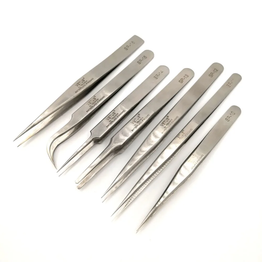 

Pack of 7 VETUS SP Series Stainless Steel Tweezers Anti-Acid None Magnetic for False Eyelash Makeup Repairing Lab Clamping Tools