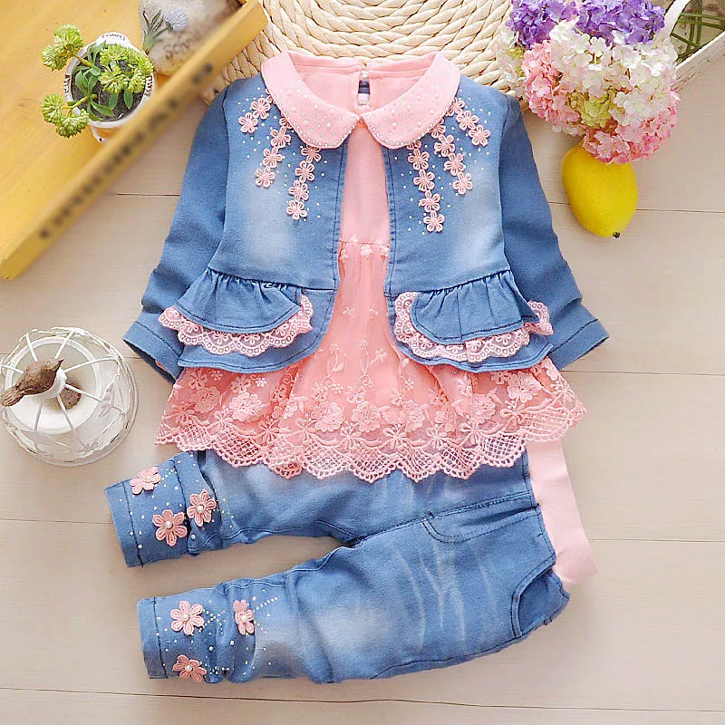 Spring Autumn Infant Toddler Baby Girl Denim Clothing Sets 3 pcs Long Sleeve T Shirt Tops Denim Jacket and Jeans Trousers