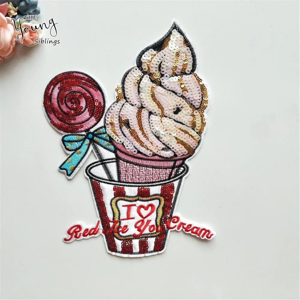 Large size Sequin Cactus Tree ice cream iron on patches Sewing Clothes Embroidered Applique Cartoon stickers Stripes for Clothes