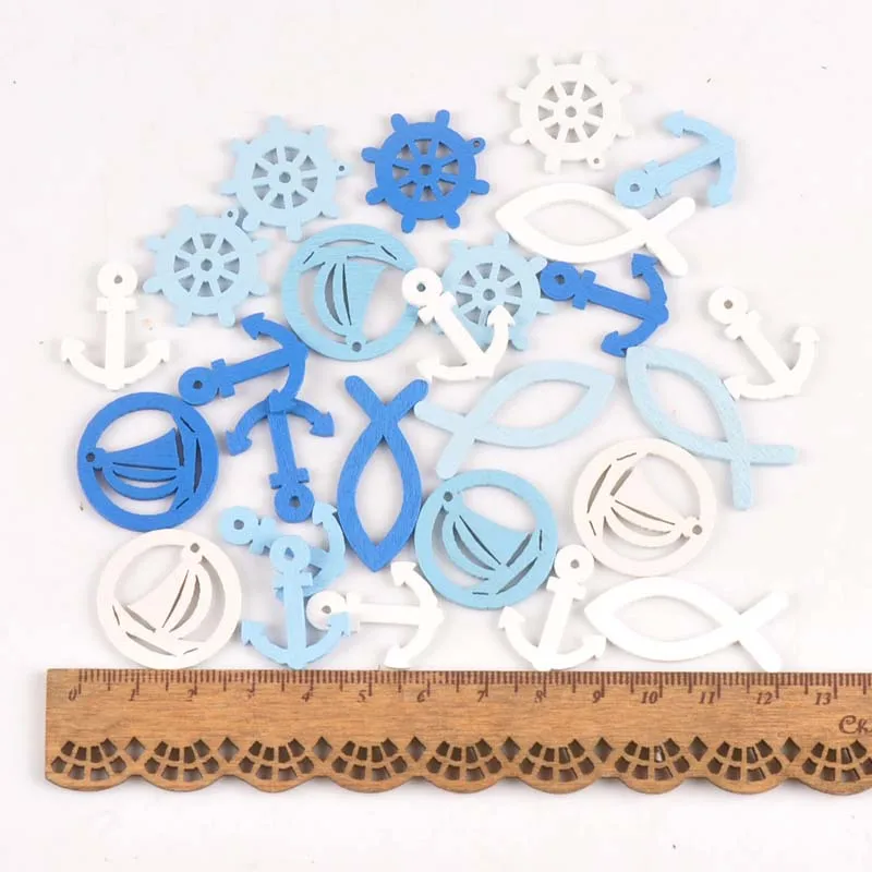 50pcs anchor/ship/rudder pattern Blue wood pendant Scrapbooking Carft for Home Drop Hanging decoration diy 20-35mm MT1969