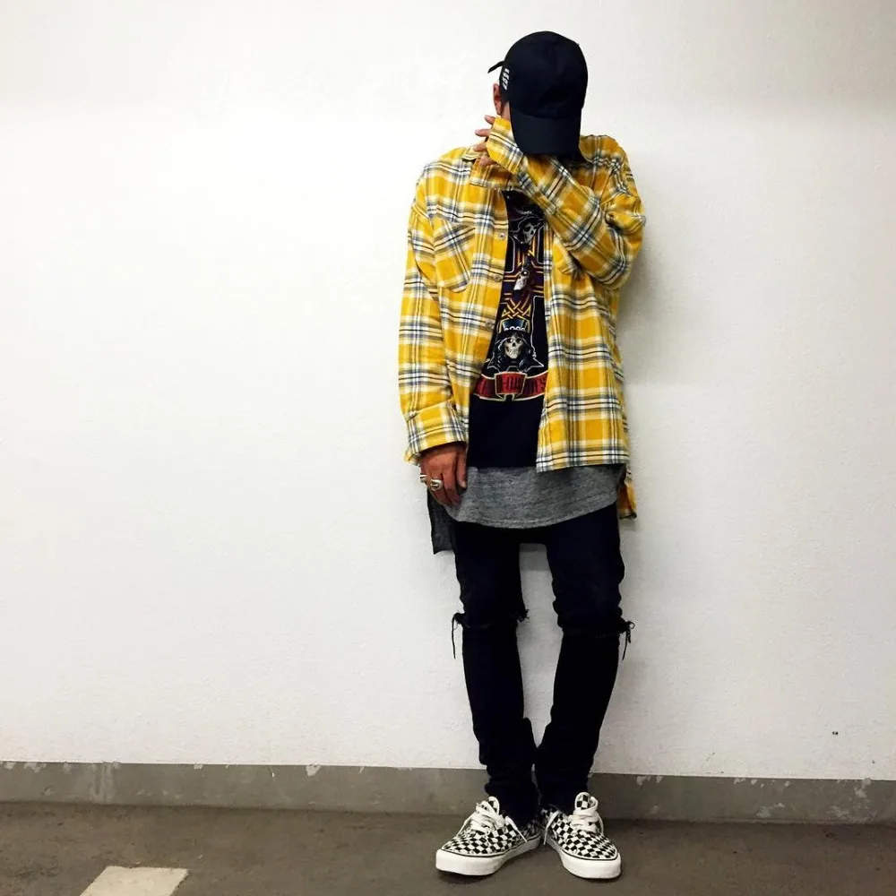 

New justin bieber Autumn winter flannel Scotland grid long sleeve shirts Hiphop extended curved hem oversized Men shirt