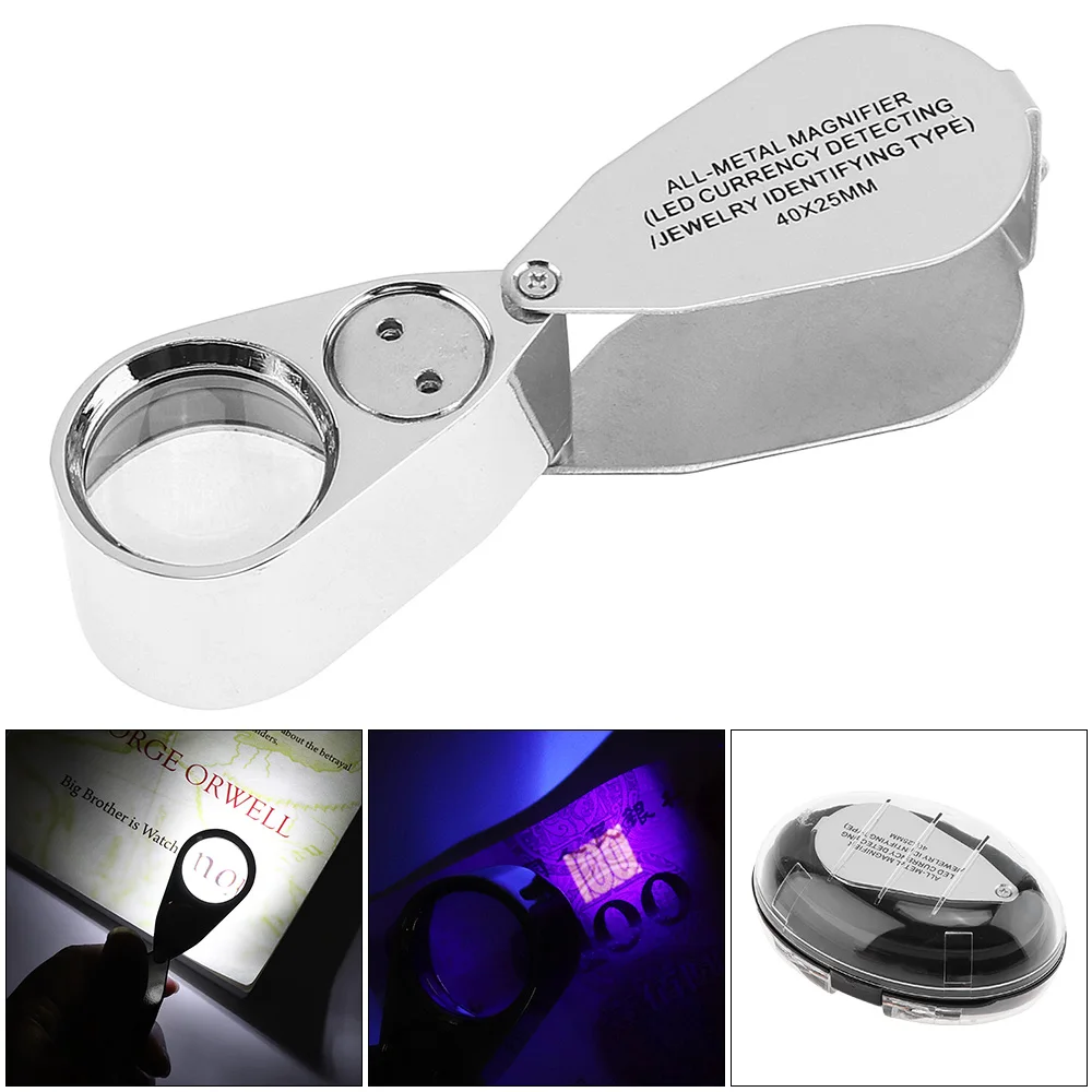 40X Foldable Magnifier Optical Lens Tool Portable Magnifying Glass with 2 LED and UV Light for Jewelry/Diamond/Banknote Checking