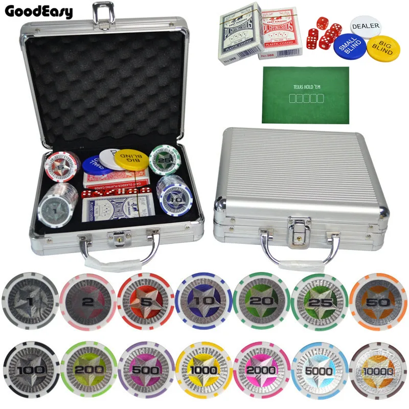 100/200/300/400/500PCS/Set Casino Texas Hold'em ABS Poker Chips With Star Trim Sticker Poker Chip with Aluminum Box Free Gift