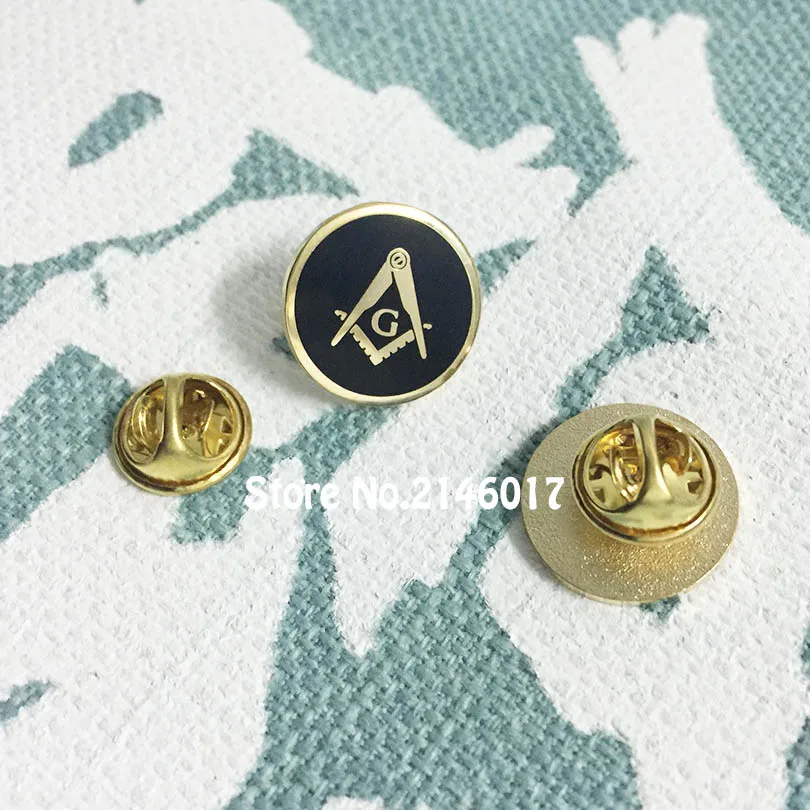 50pcs Custom Pin Brooch 17mm Freemason Square and Compass with G Round Shape Hard Enamel Black Masonic Free Masons Lapel Pins