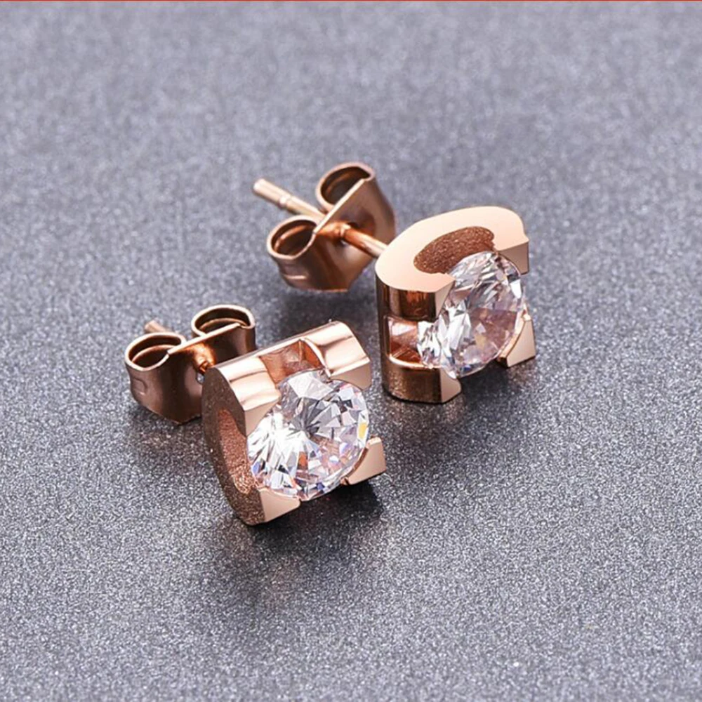 Brand Design Stainless Steel Stud Earrings Hot Sale Women Zircon Rose Gold Color Stud Earrings Fashion Accessories