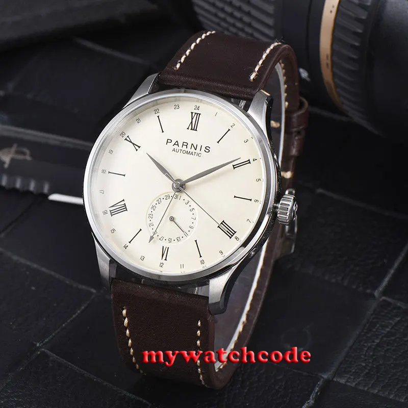 gift 42mm Parnis beige dial 24 Hours Handset ST1690 Automatic Movement Men Watch